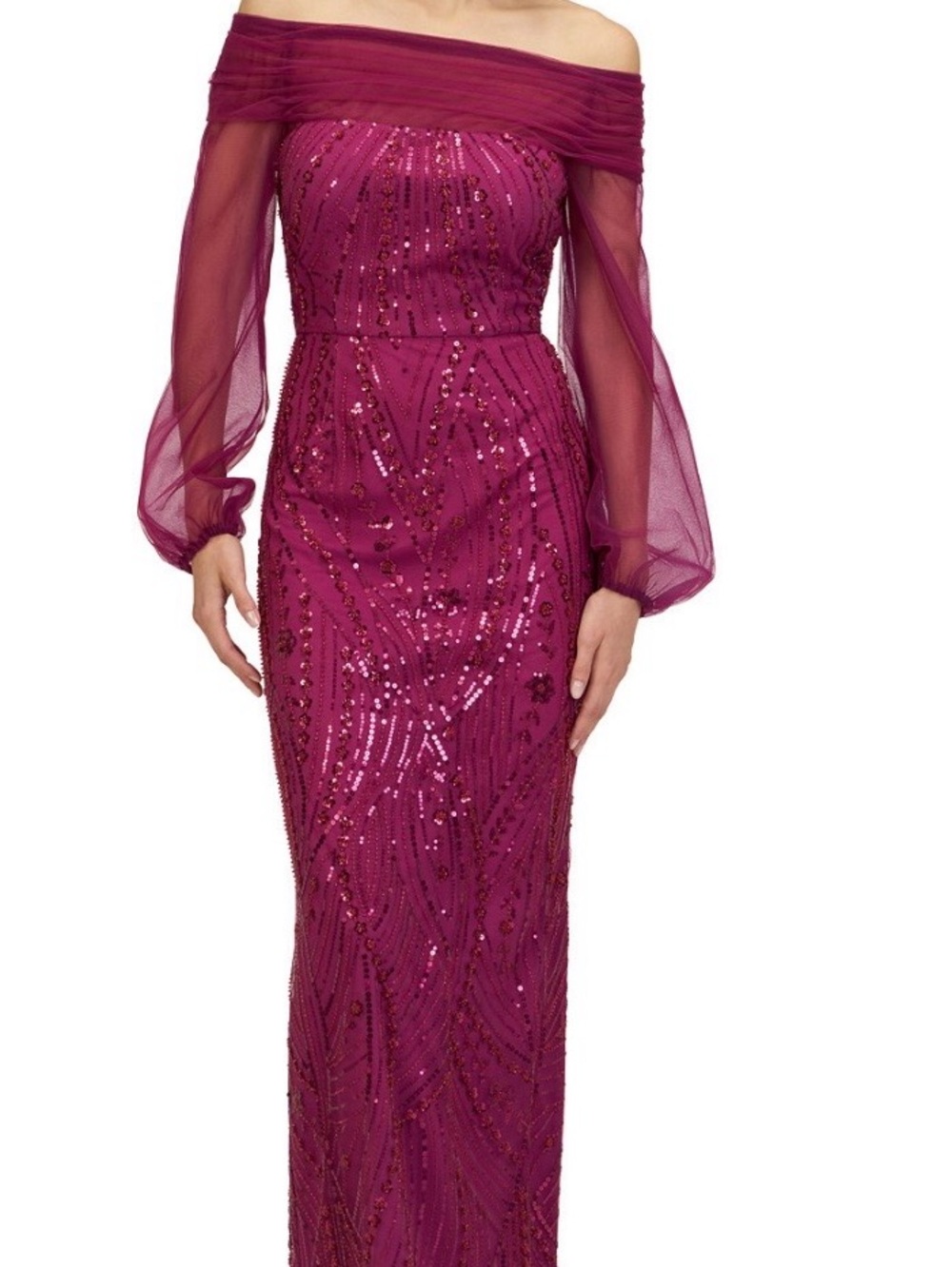 JM Collection Off-the-Shoulder Fuchsia Sequin Gown
